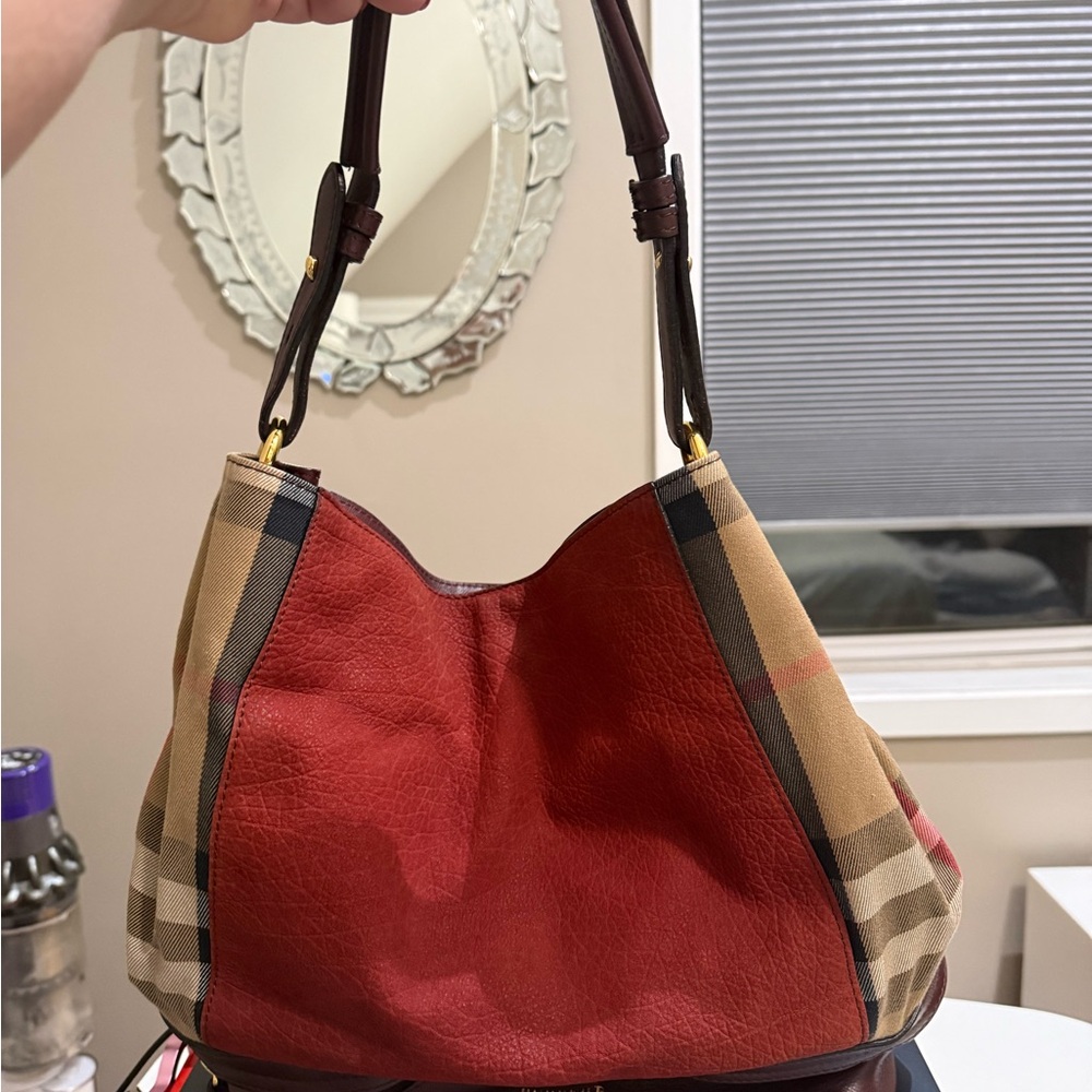 Burberry Red Leather Shoulder Bag with Signature Check Sides - Picture 3 of 9